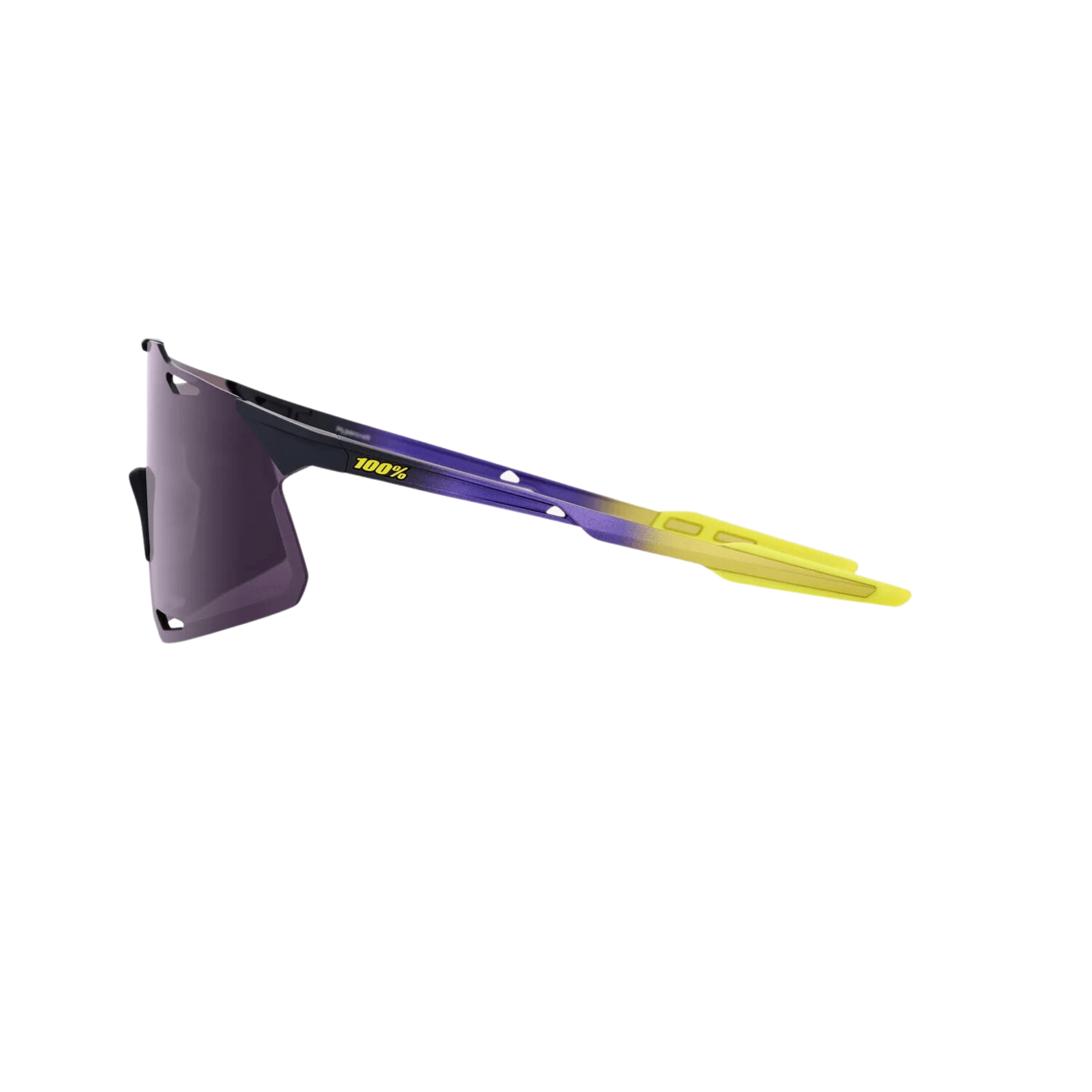 100% Hypercraft Matte Metallic Dark Purple Lens sunglasses with yellow accents and streamlined rimless design.