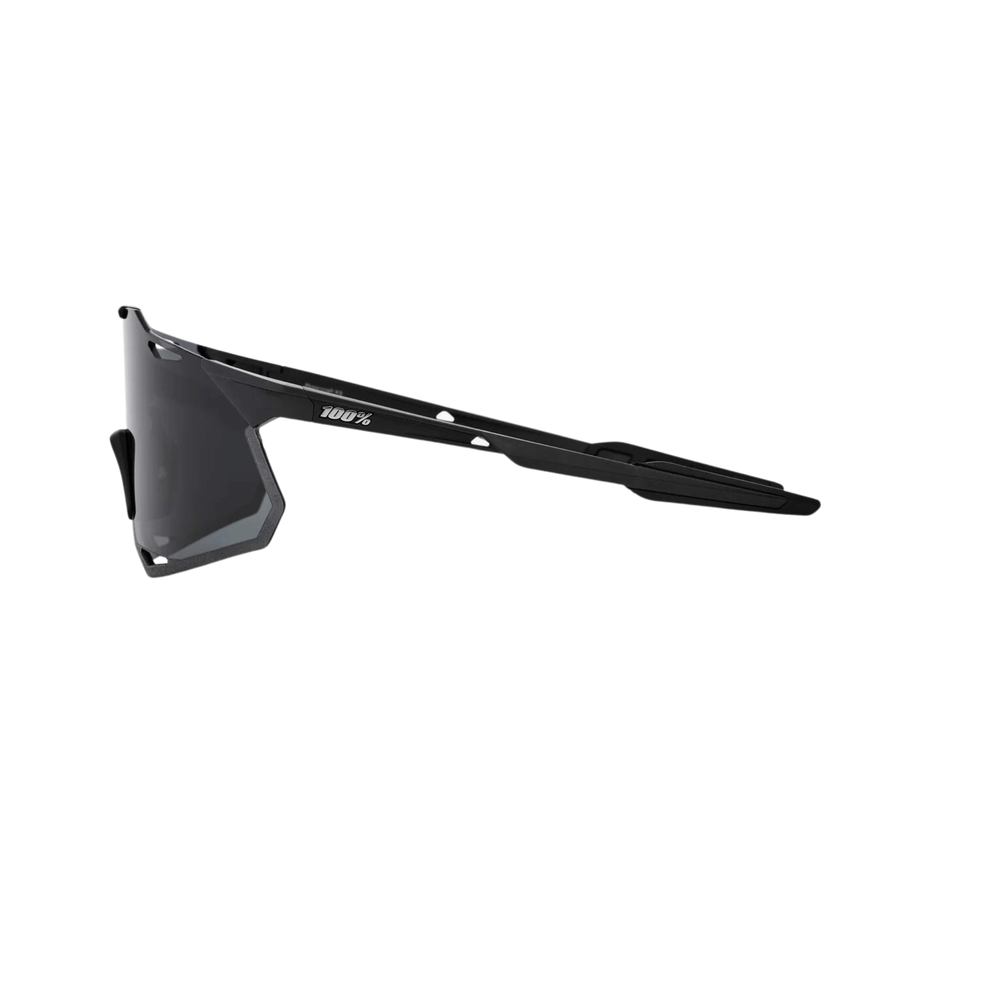 100% Hypercraft XS Matte Black sunglasses with smoke lens showcasing a sleek, rimless design and lightweight frame.