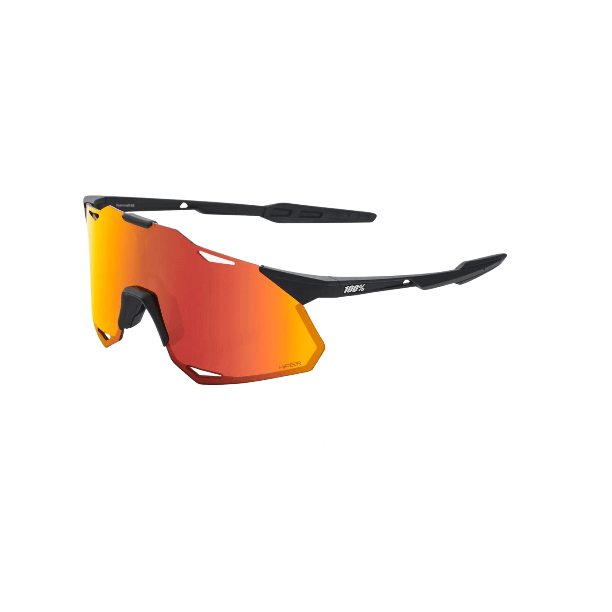100% Hypercraft XS sunglasses with black frame and hyper red multilayer mirror lens, designed for superior optics and UV protection.