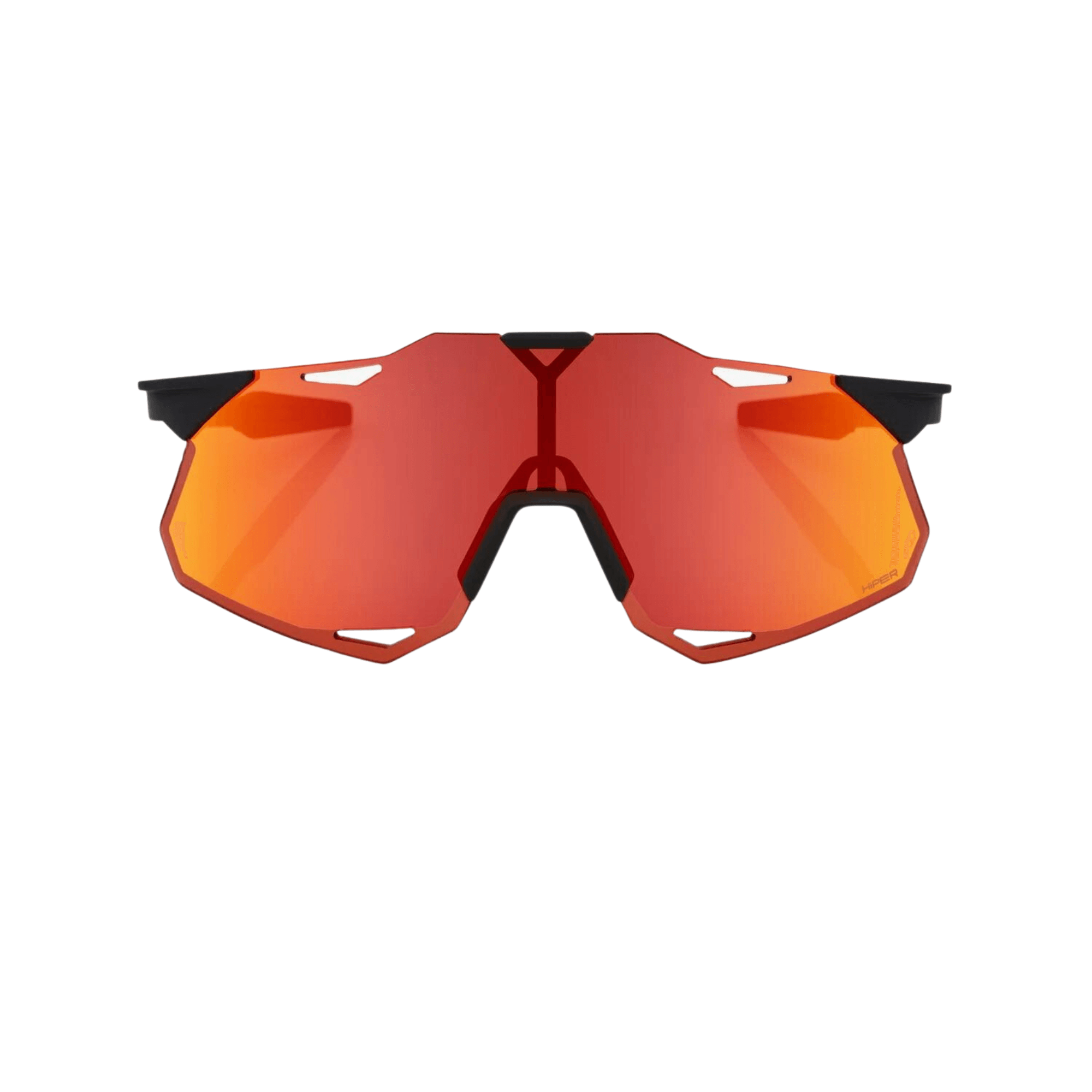 100% Hypercraft XS Soft Tact Black Hiper Red sunglasses with multilayer mirror lens and rimless design.