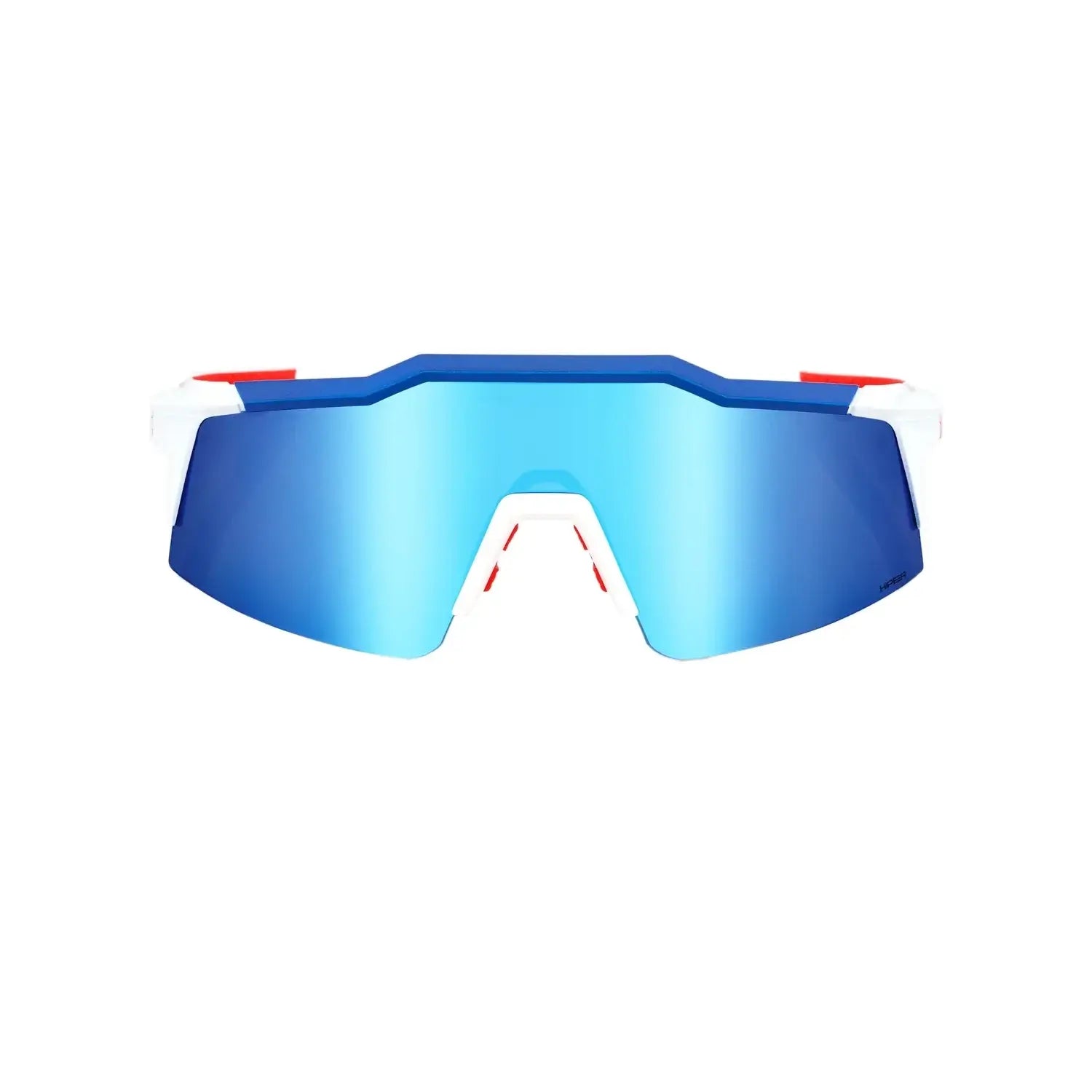 100% Speedcraft SL sunglasses with matte white, metallic blue frame, and Hiper blue mirror lens for optimal visibility.