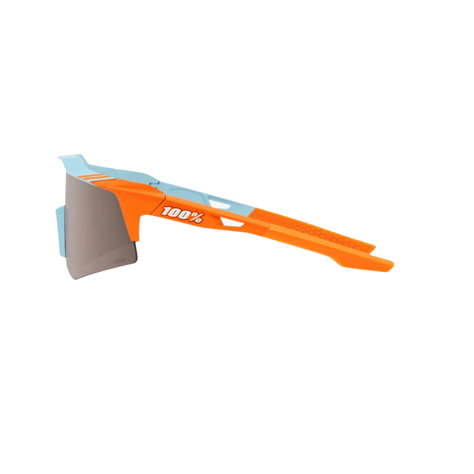 100% Speedcraft XS Soft Tact sunglasses in orange and blue with Hiper Silver Mirror lens for optimal UV protection.