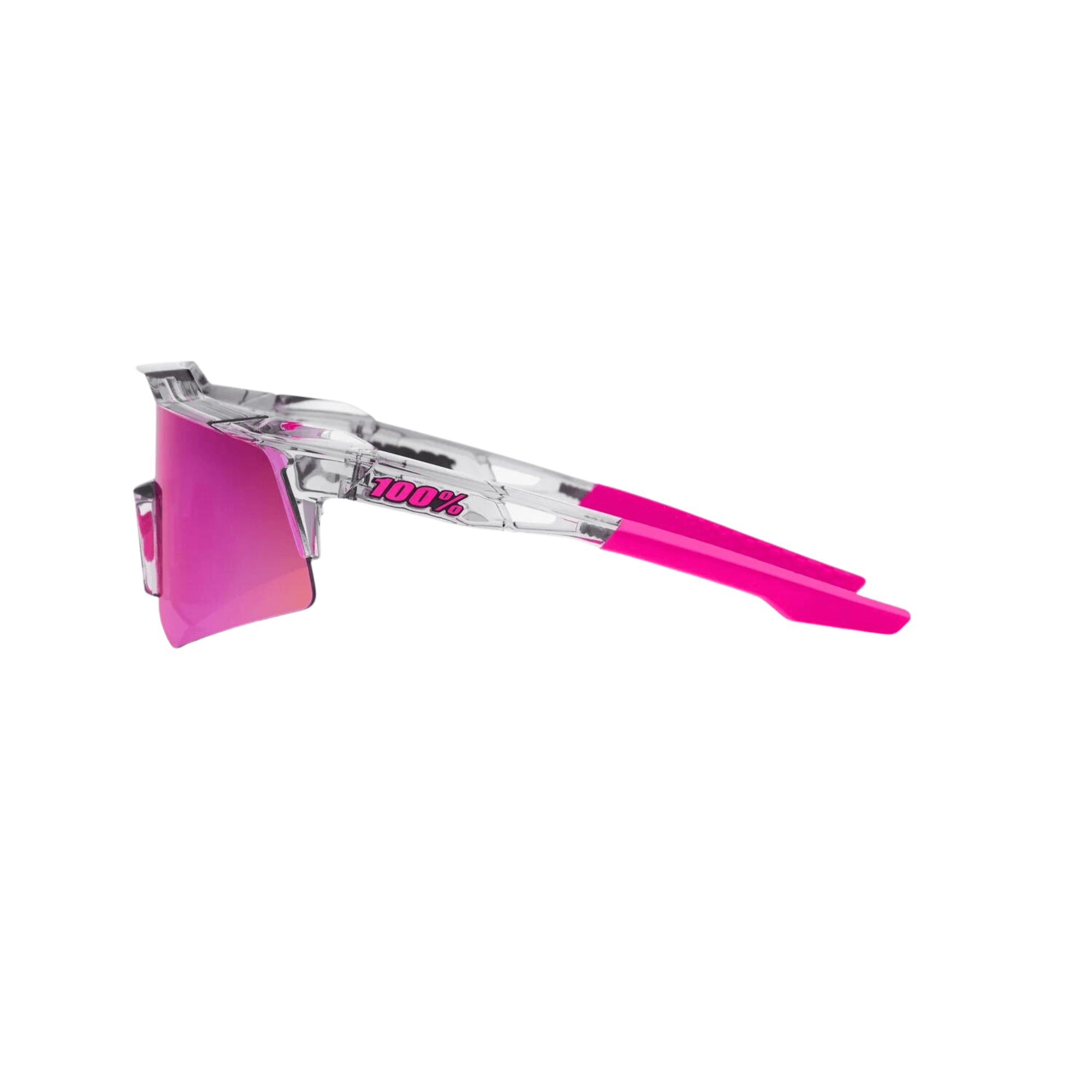 100% Speedcraft XS sunglasses with polished translucent grey and purple multilayer mirror lens, featuring pink accents.