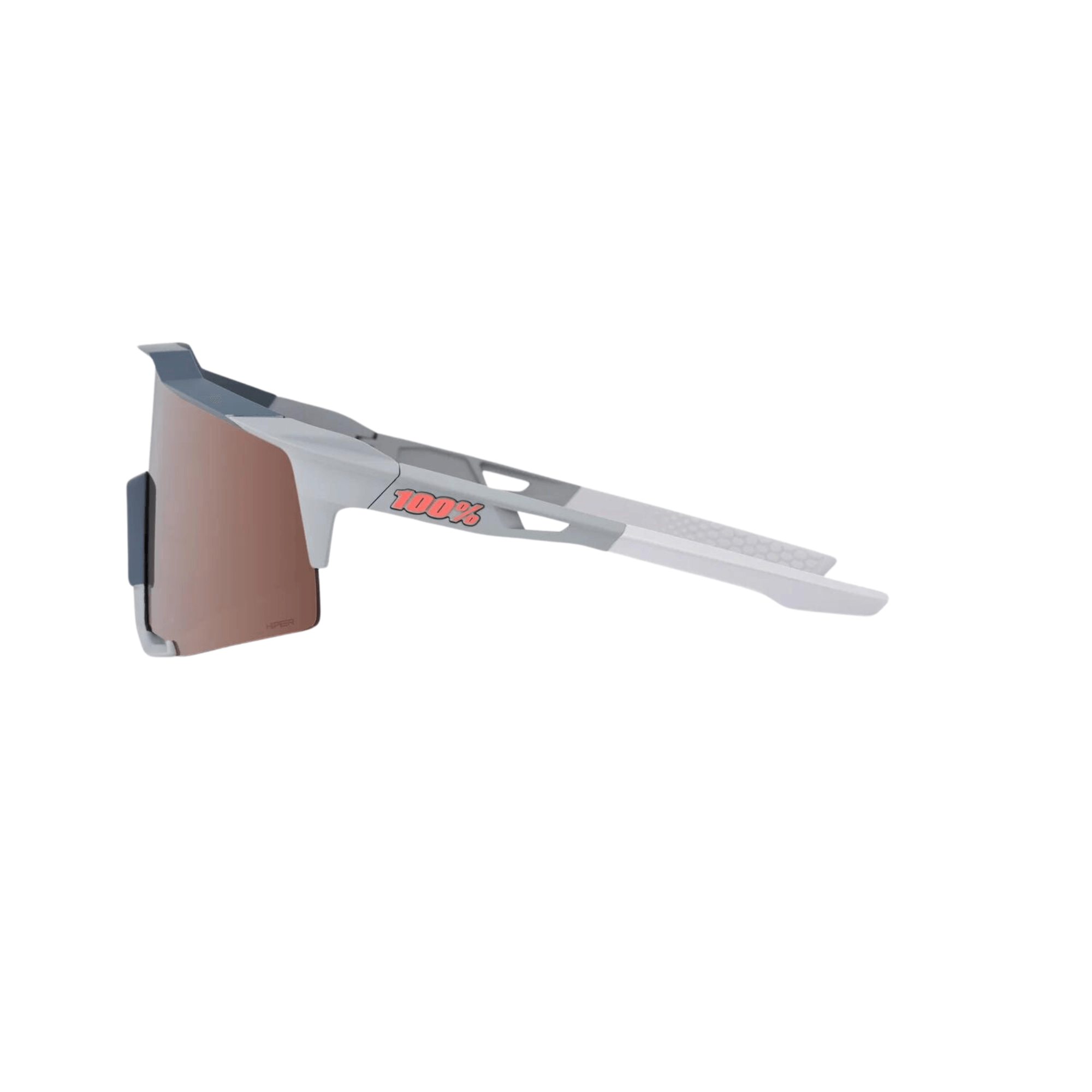 100% Speedcraft Soft Tact Stone Grey glasses with Hiper Crimson Silver mirror lens for optimal UV protection and visibility.