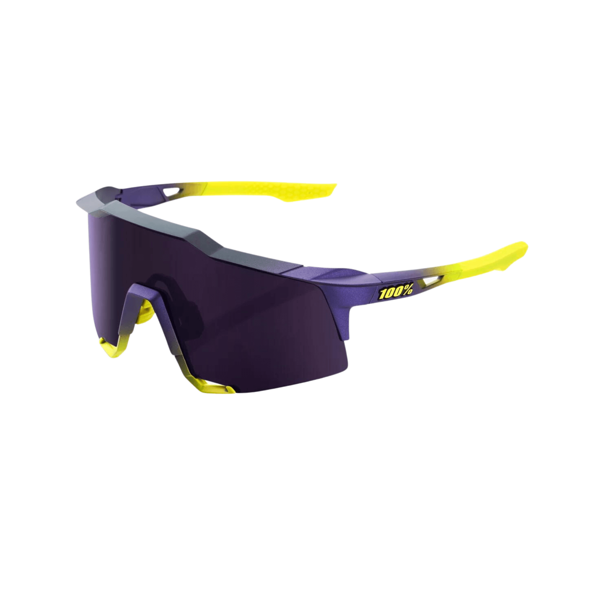 100% Speedcraft Matte Metallic sunglasses with dark purple lens and vibrant yellow accents, designed for optimal visibility and protection.