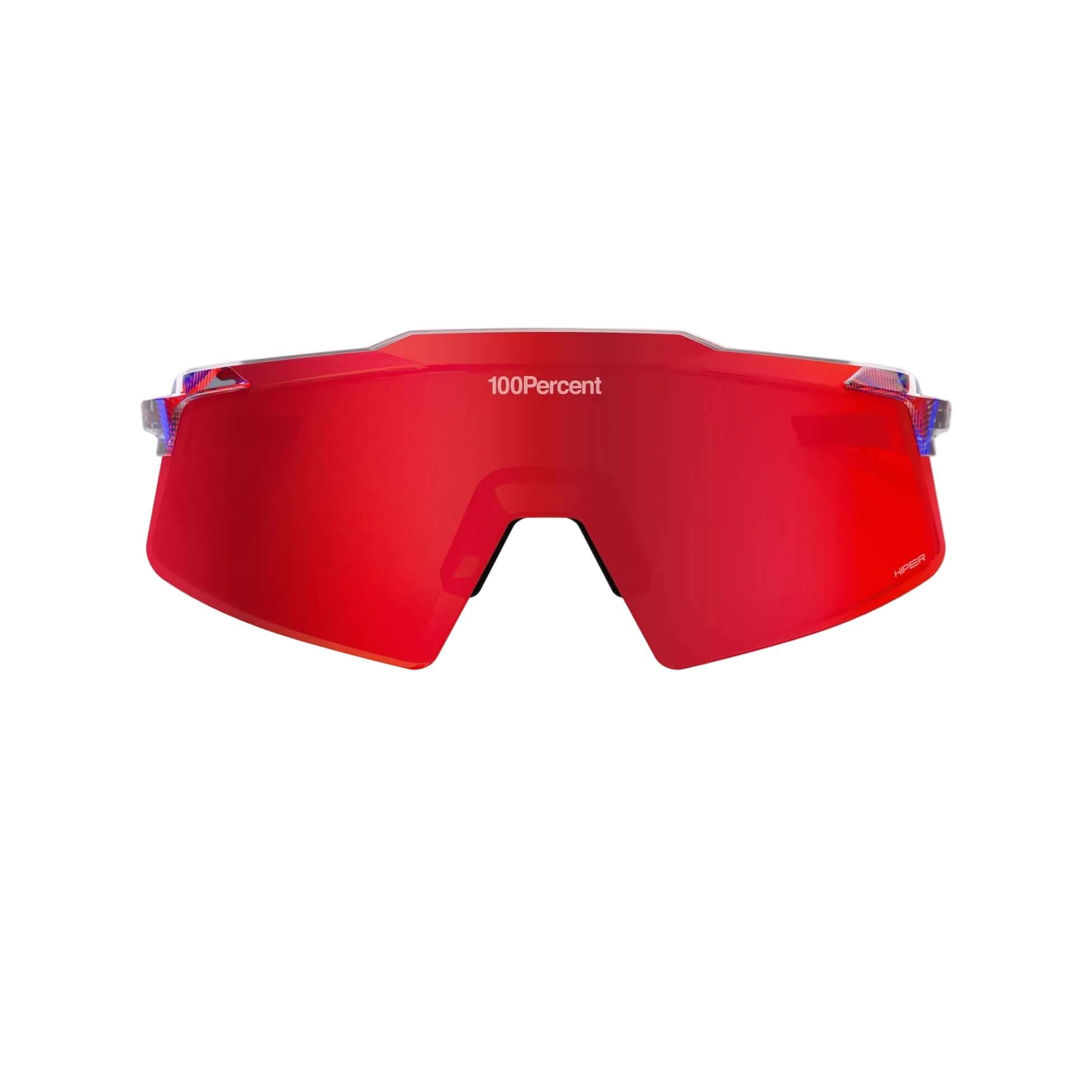 Front view of 100% Aerocraft FDJ Gloss Translucent Red/Blue - HiPER Fire Red Mirror Lens sunglasses.