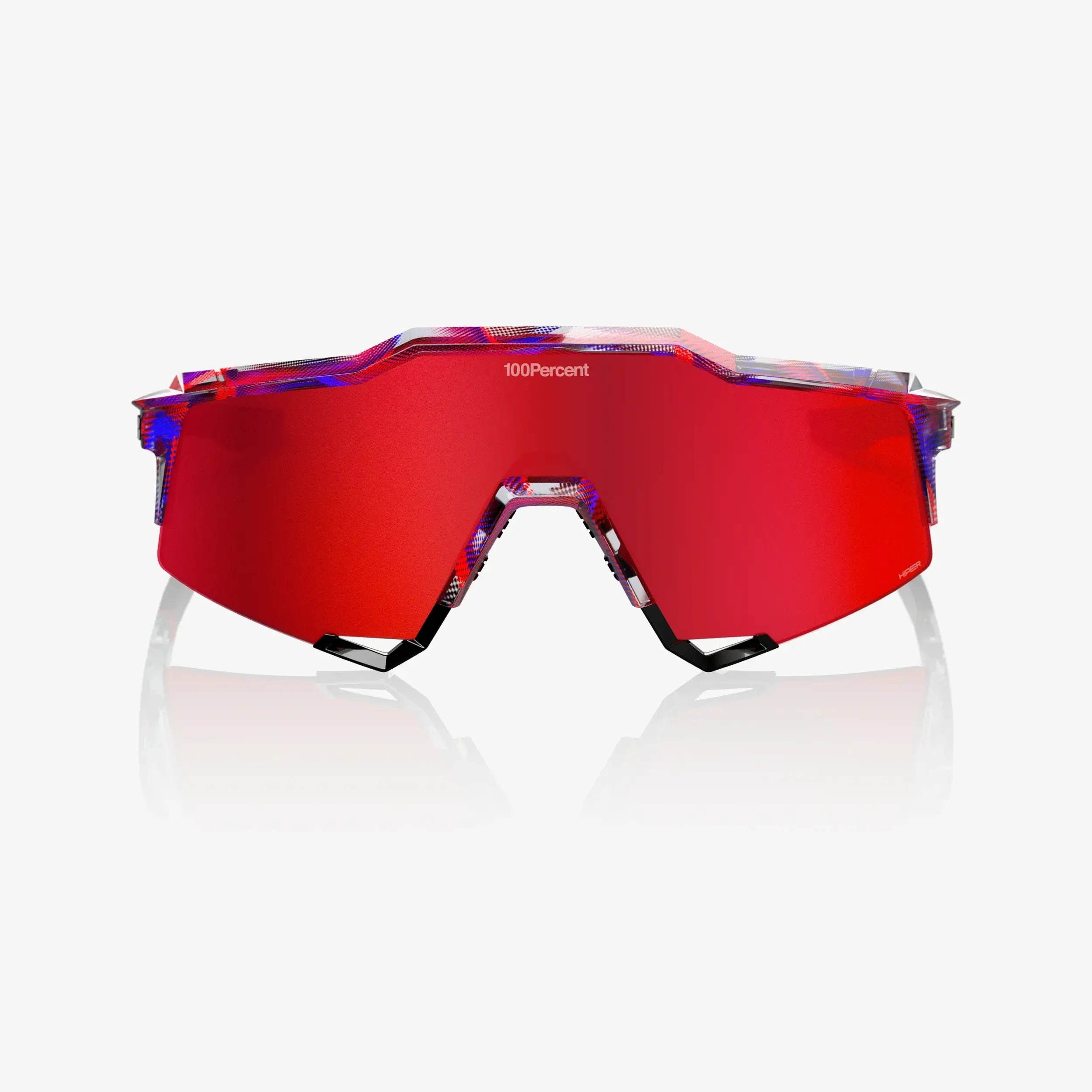 Front view of 100% Speedcraft FDJ Gloss Translucent Red/Blue sunglasses with HiPER Fire Red Mirror Lens