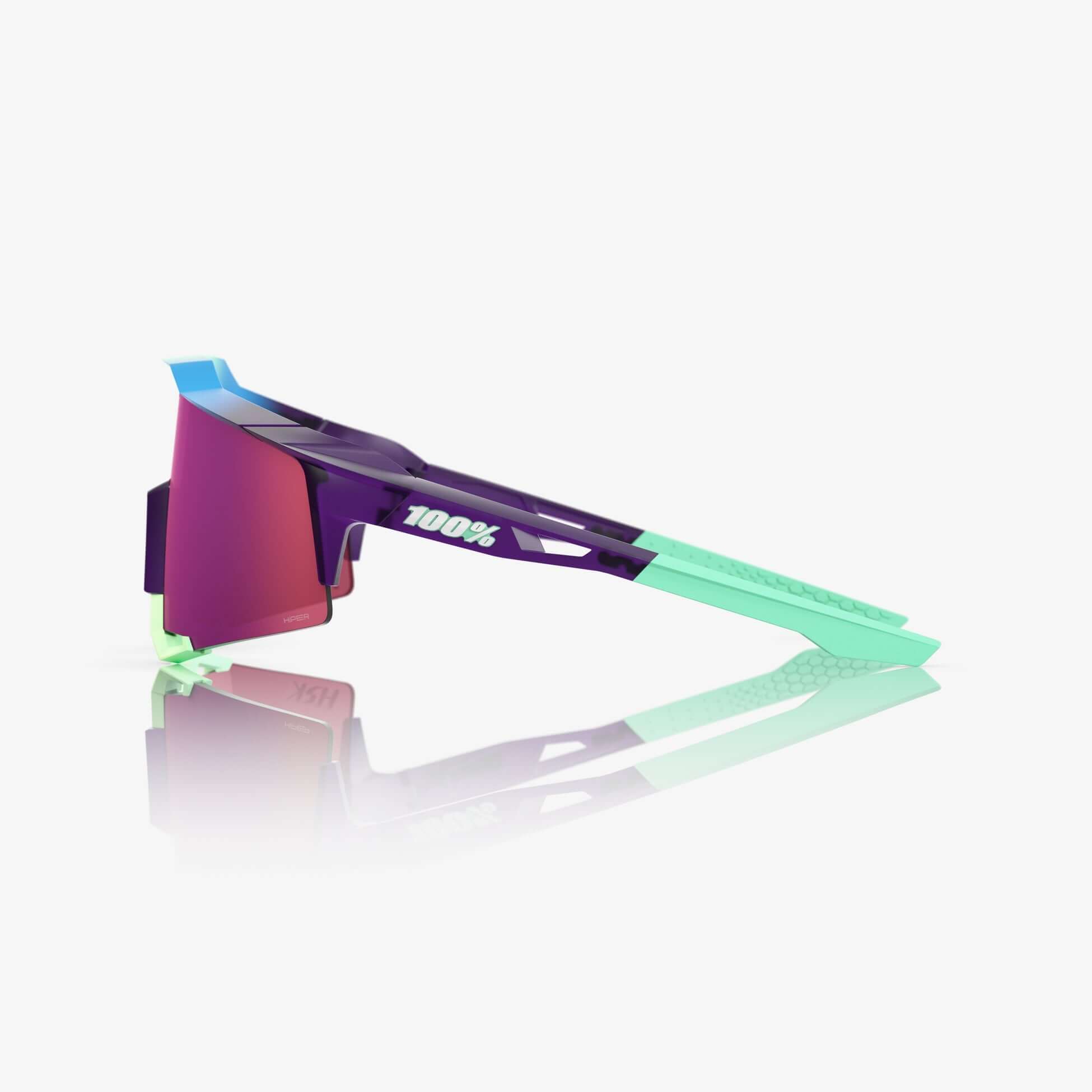 Side view of 100% Speedcraft HSK ELECTRIC PURPLE sunglasses with HiPER Dark Purple Mirror Lens.