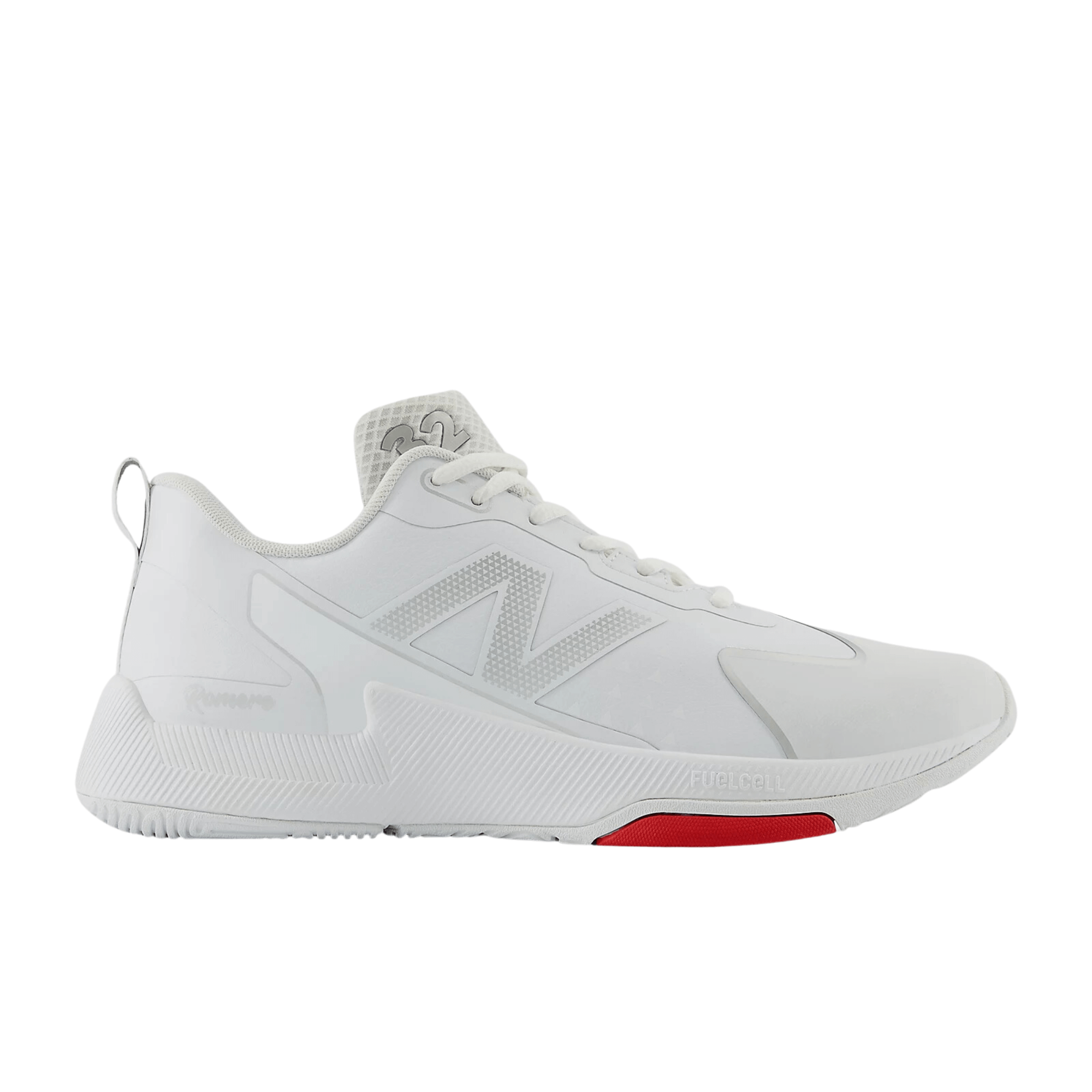 New Balance FuelCell Romero Duo Trainer in white with red accent, designed for performance and style in training.