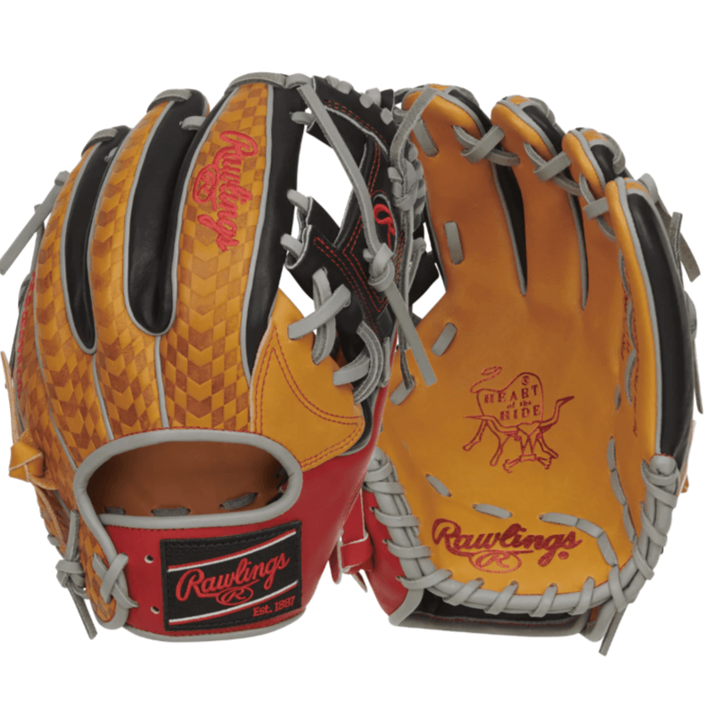 Rawlings Heart of the Hide Color Sync 8.0 Limited Edition Baseball Glove, 11.5" RHT, featuring tan, black, and red colors.