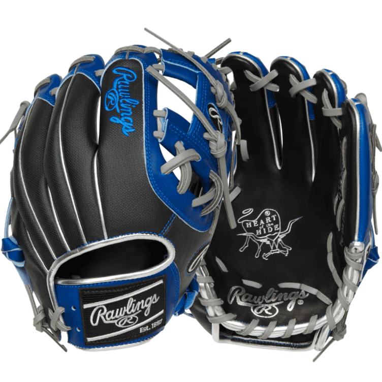 Rawlings ColorSync 7.0 Heart of the Hide 11.5-inch infield glove in metallic silver and royal blue trim.