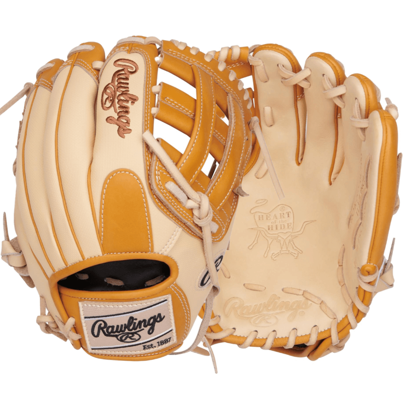 Rawlings Heart of the Hide 11.75-inch infield glove in camel and tan leather featuring Pro-H web design.