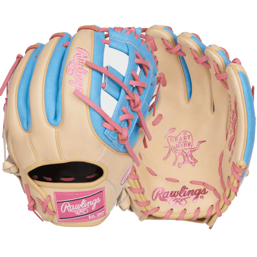 Rawlings Heart of the Hide 11.5" infield glove in camel and Columbia blue with pink laces and patches.