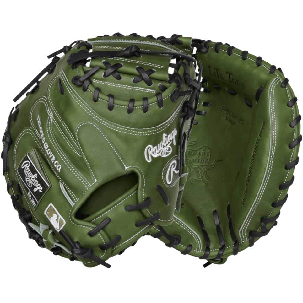 Rawlings Military Green Heart of the Hide 34" catcher's mitt featuring premium leather and unique design.