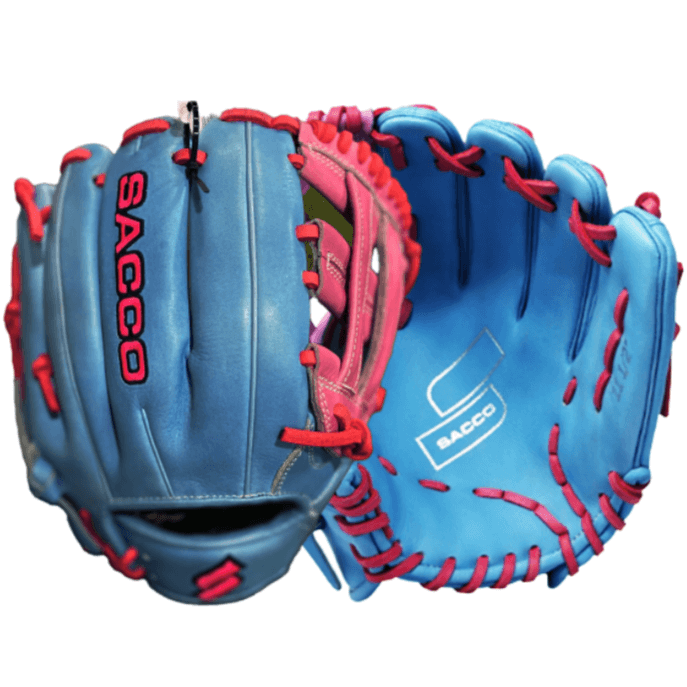 Sacco Ultra Smooth Kip RHT H-Web Cotton Candy glove in blue and pink, 11.5" for high-performance play.