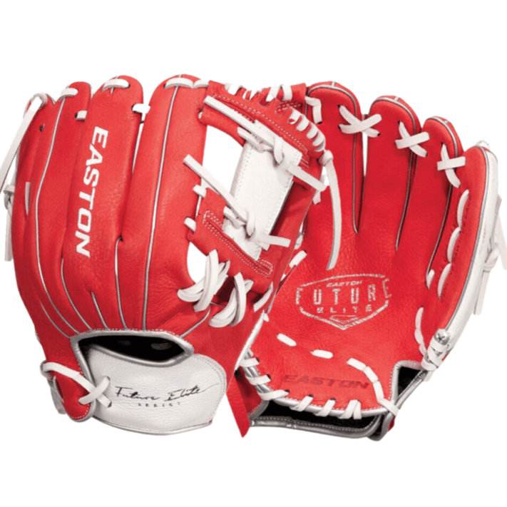 Easton Future Elite 11-inch youth baseball glove in red and white designed for young players' defensive skills.
