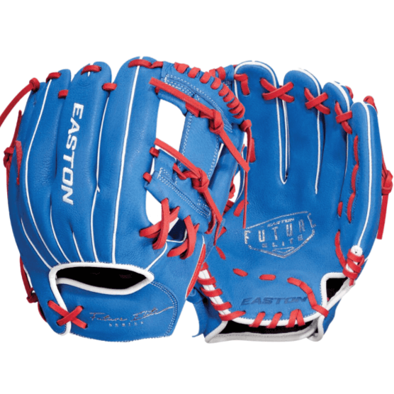 Easton Future Elite 11-inch baseball glove in royal blue and red for youth players.