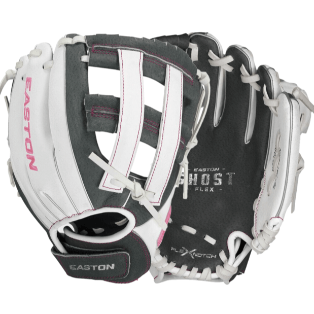 Easton GFY10PK Ghost Flex 10 inch youth fastpitch glove with Flex Notch closure and soft palm lining.