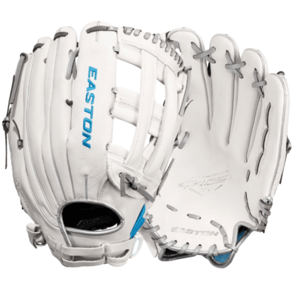 Easton Ghost NX 12.75-inch fastpitch glove in white and blue with Flex Notch closure for pitchers and outfielders.