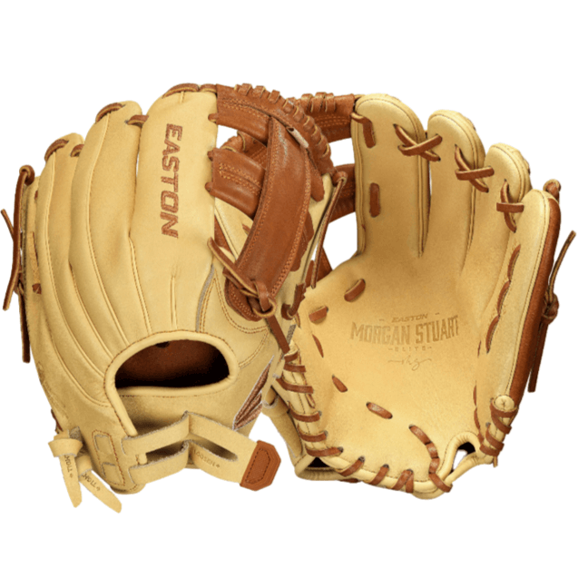 Easton Morgan Stuart Elite 11.5" softball gloves in tan leather, designed for young players with comfort and control.