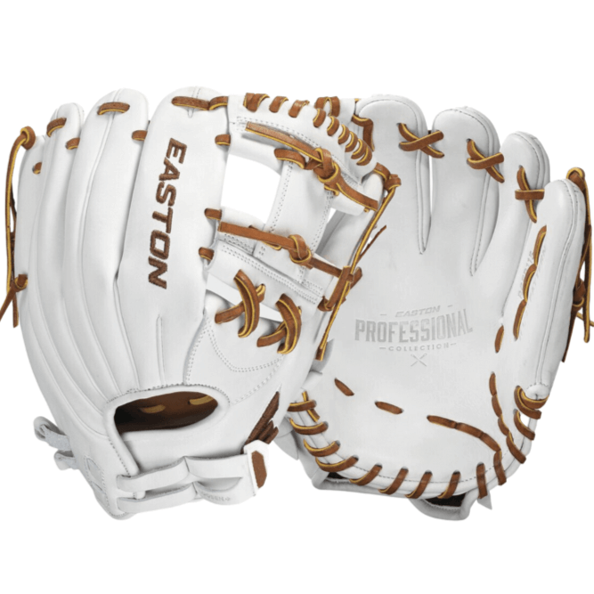 Easton PCFP115 Professional fastpitch glove with premium leather and pro-grade laces in white and brown.