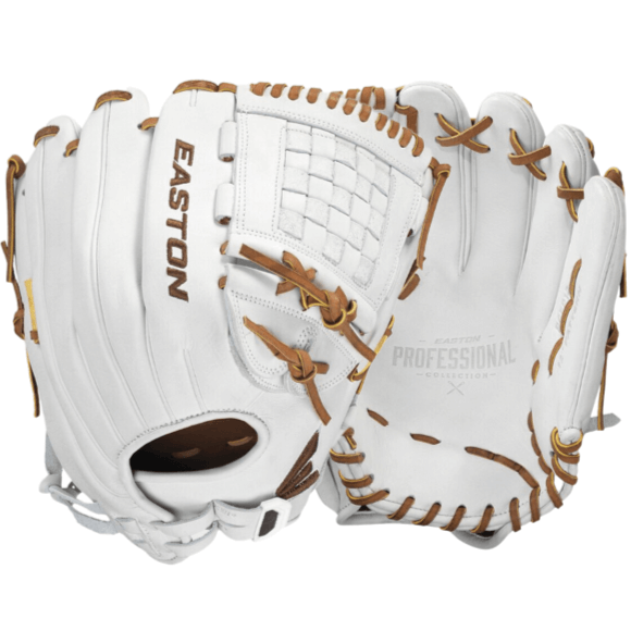 Easton PCFP12 Professional fastpitch glove in white, made with Premium Reserve leather and pro-grade laces.