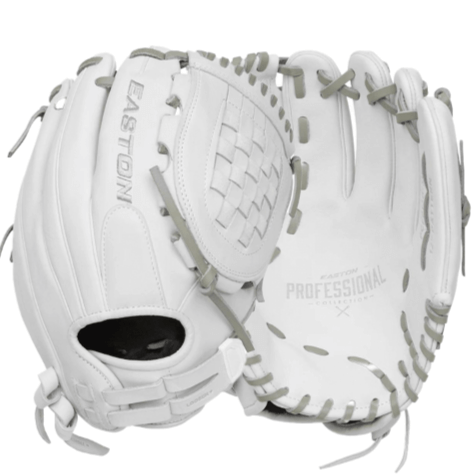 Easton Pro Collection 12-inch softball glove in white with premium steerhide leather and full coverage basket web.