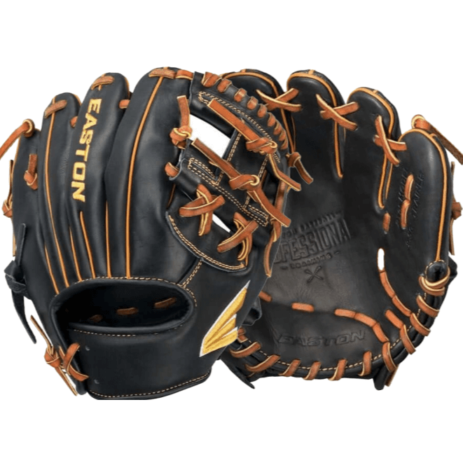 Easton Pro Training PT95 9.5" infield training glove in black and orange leather for quick transfers.