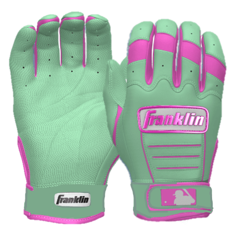 Franklin CFX Pro Custom Batting Gloves in mint and pink for enhanced grip and comfort in baseball.