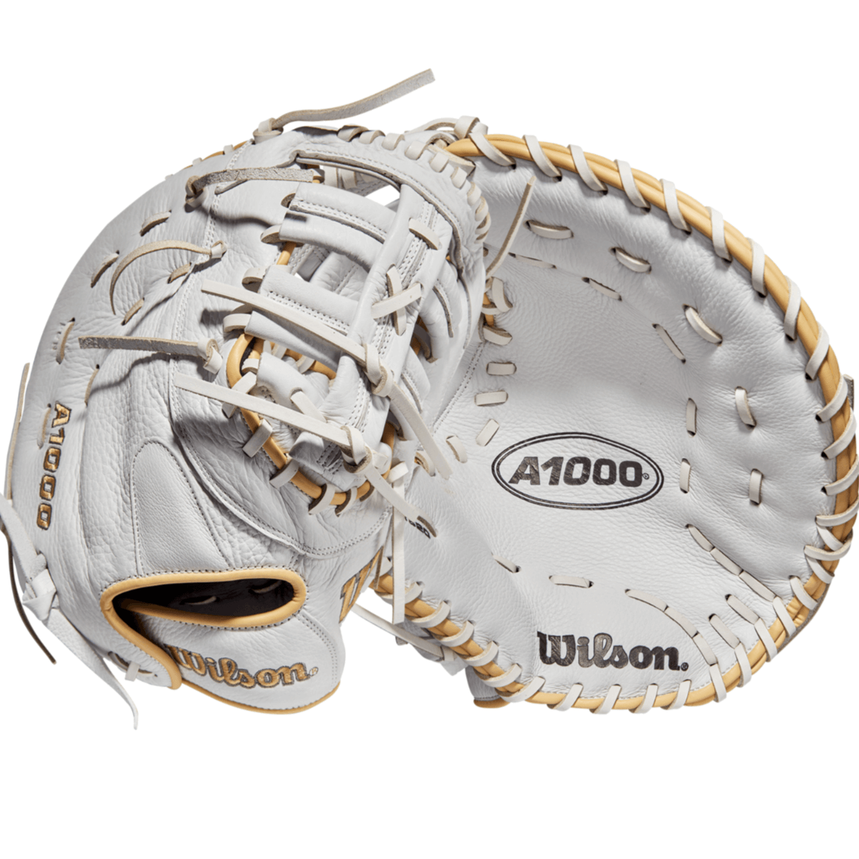 Wilson A1000 Fastpitch 1620 1B Mitt in white, blonde, and grey; durable leather for serious play.