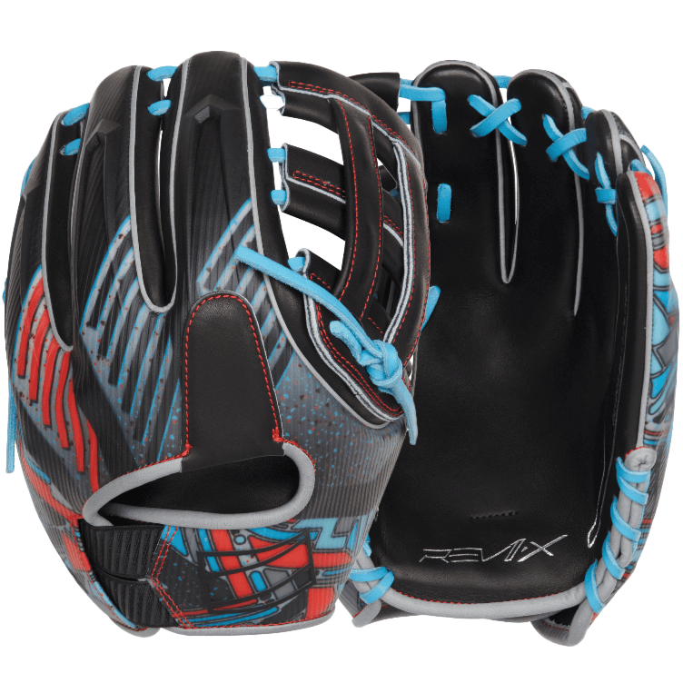 Rawlings REV1X 11.75" infielders glove in blue, red, and silver, designed for optimal performance.