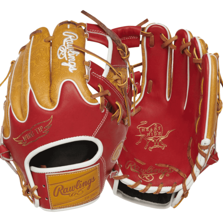 Rawlings ColorSync 7.0 11.5-inch infield glove in red and gold, featuring topographical details and Heart of the Hide leather.
