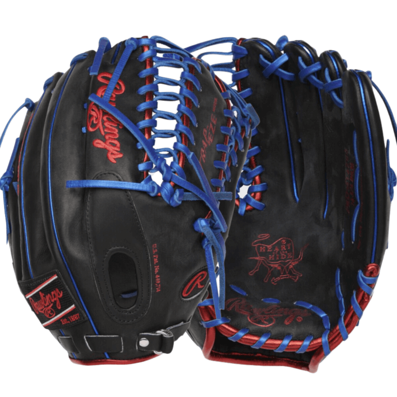 Rawlings ColorSync 7.0 12.75" outfield glove with black leather and blue-red accents, featuring Trap-Eze web design.