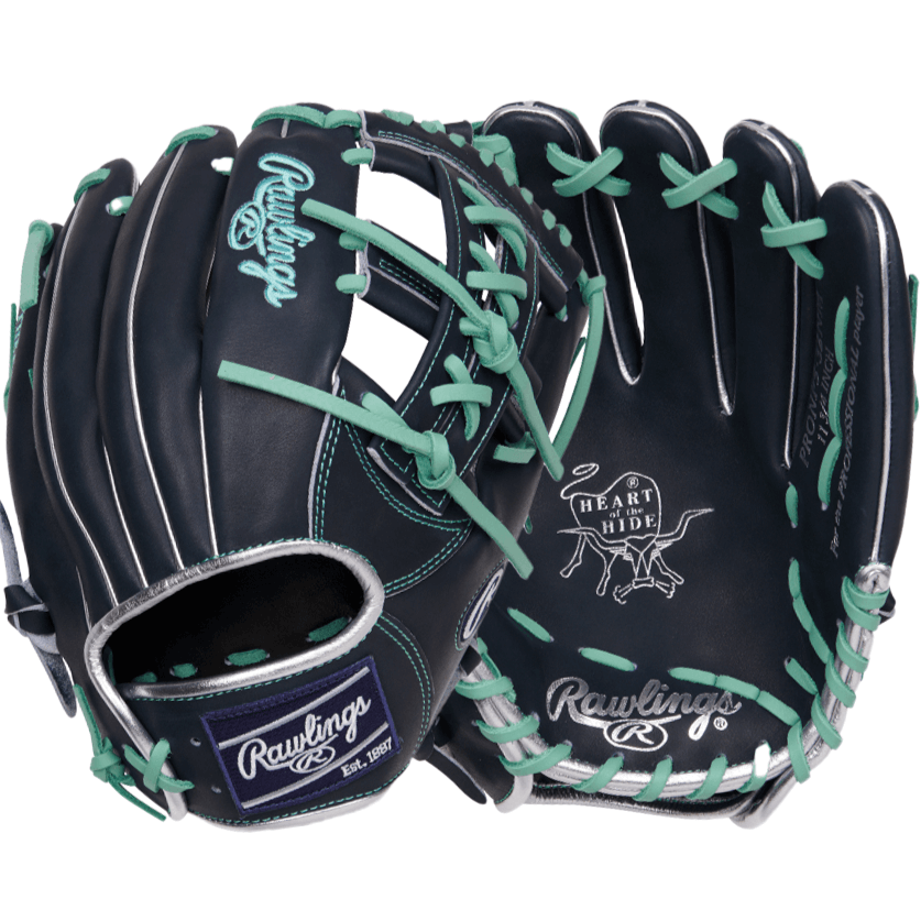 Rawlings Gold Glove Club PRONP5-32NM 11.75" glove with ocean mint laces, navy leather, and Heart of the Hide® logo.