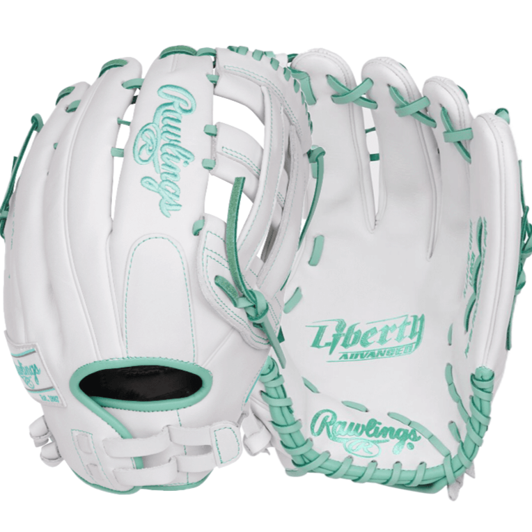 Rawlings Liberty Advanced Softball Glove in white and teal, 13-inch, designed for right-hand throwers, ideal for fastpitch players.