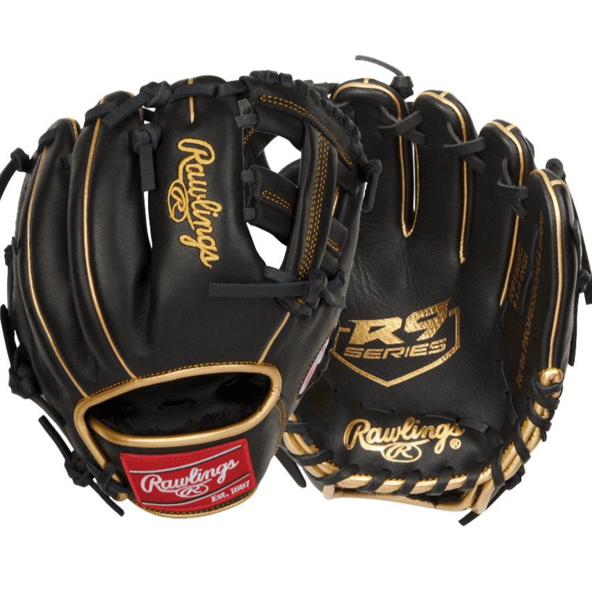 Rawlings R9 9.5 inch training glove with full leather shell and single post web for baseball training.