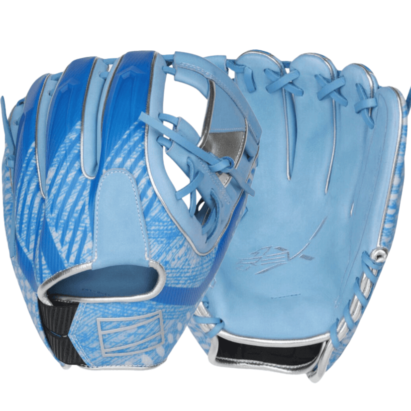 Rawlings REV1X 11.75" baseball glove in blue and white with silver accents, showcasing innovative design and technology.