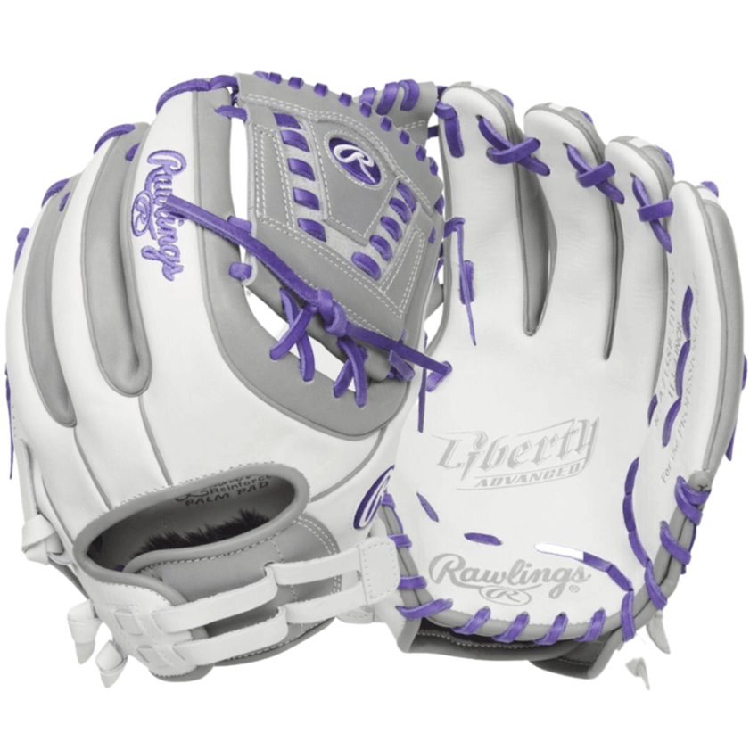 Rawlings Liberty Advanced Color Series Infield Glove in white and purple, 11.75-inch, ideal for softball players.
