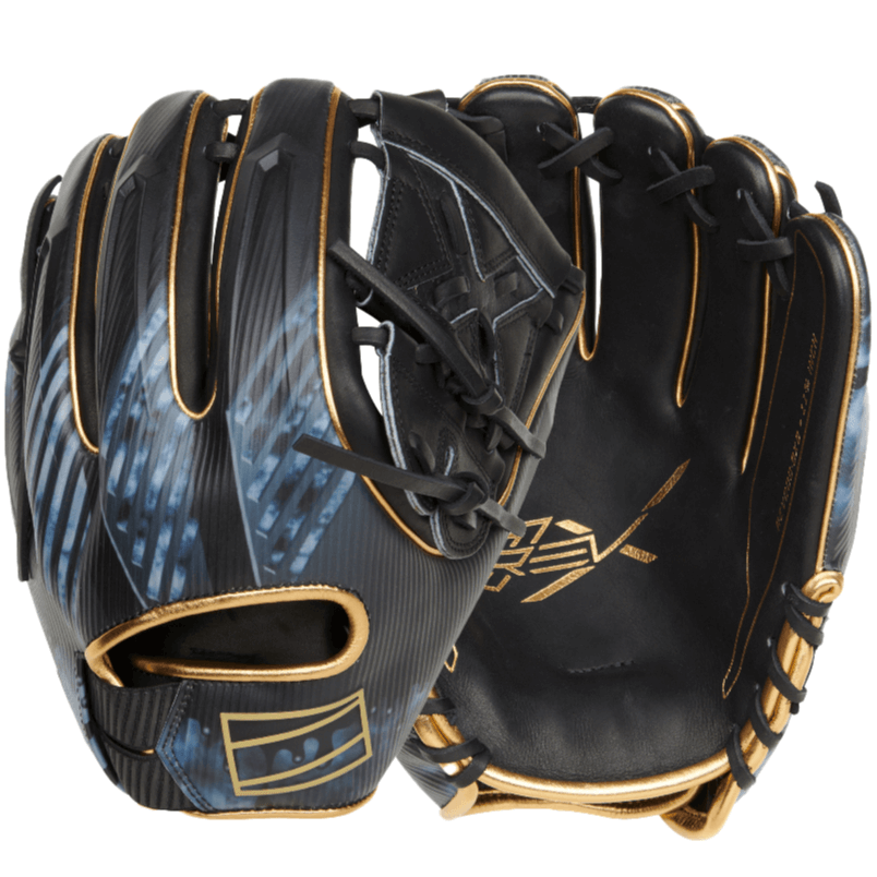 Rawlings REV1X 11.75-inch Infield/Pitcher's glove in black and blue with gold accents, showcasing innovative design.