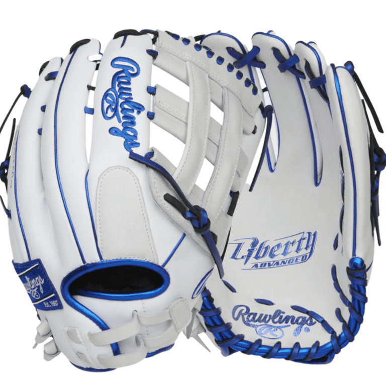 Rawlings Liberty Advanced Series 13" softball glove in white and blue, featuring a durable leather design and double-laced web.