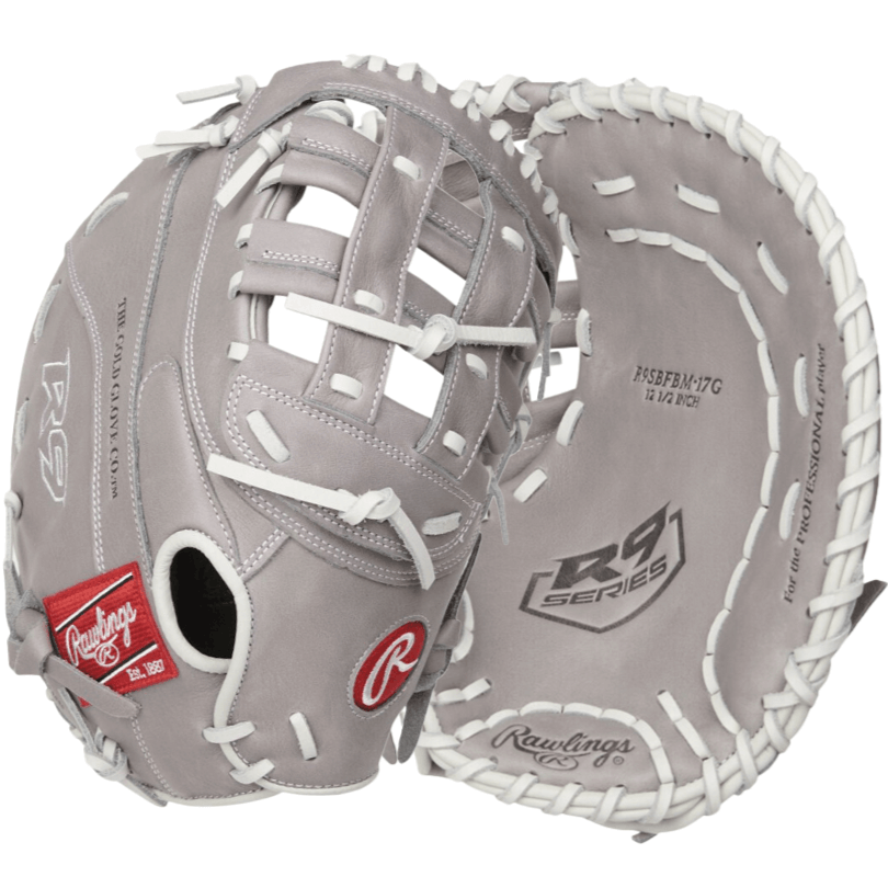 Rawlings R9 Series FP 1B Mitt in gray, 12.5 inches, crafted for durability and designed for young, select players.