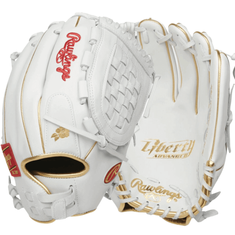 Rawlings Liberty Advanced Series soft glove in white with gold accents, 12.5-inch, ideal for pull strap and outfield position.