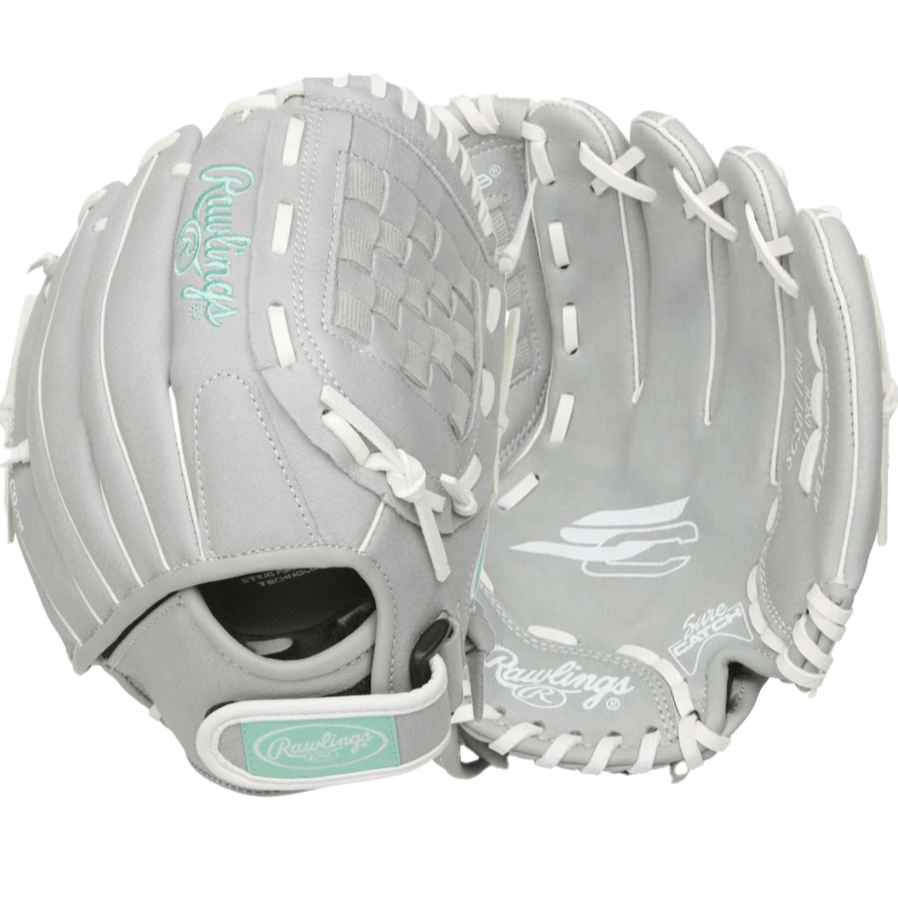 Rawlings Storm Youth 11" Fastpitch Glove in gray, featuring basket web and cushioned finger linings for comfort.