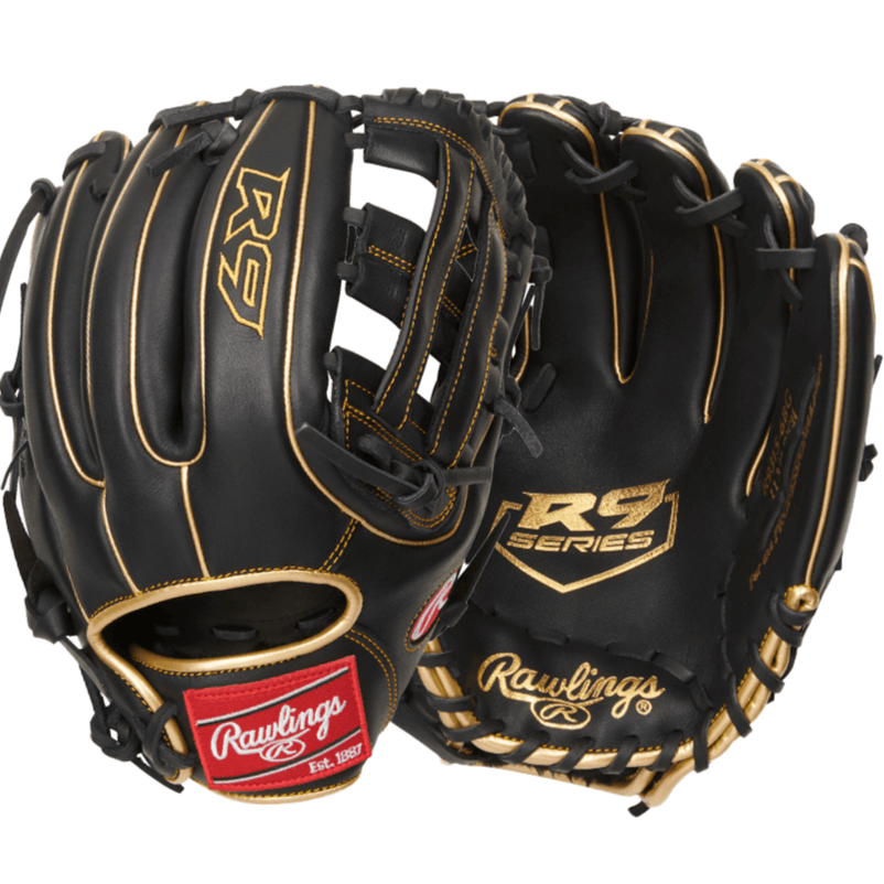 Rawlings R9 Series 11.75-inch infield baseball glove, black leather, game-ready, pro-style design, durable and versatile.
