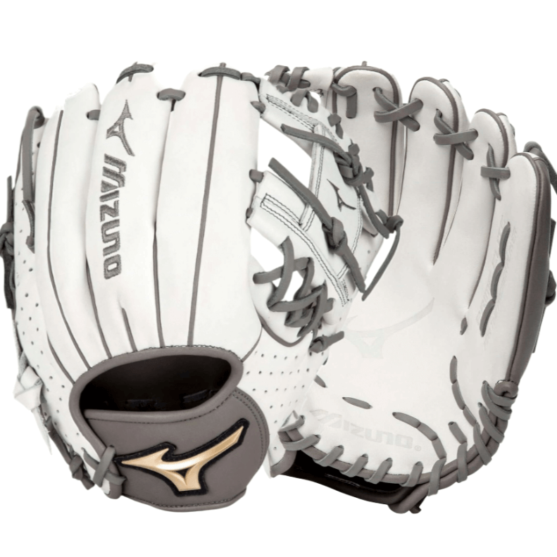 Mizuno Prime Elite 11.5" RH Softball glove in white and grey, featuring an UltraSoft Pro Palm and breathable design.