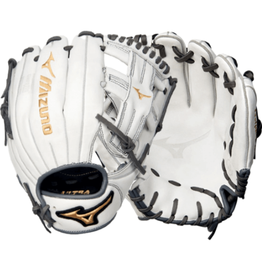 Mizuno GMVP1150PF4W MVP Prime FP 11.5" RH softball glove in white and grey with gold accents.