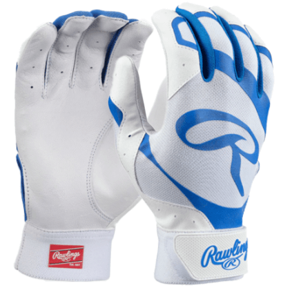 Rawlings Adult 5150 II Baseball Batting Gloves in White and Royal for enhanced grip and performance.