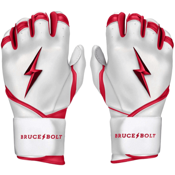 Bruce Bolt Premium Pro Bader Series Long Cuff Batting Gloves in White and Red for Youth Players