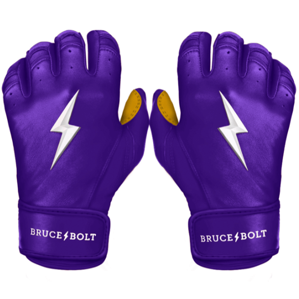 Bruce Bolt Premium Pro Short Cuff Batting Gloves in purple with lightning design, made from soft Cabretta leather.