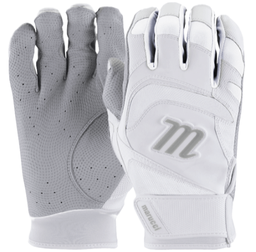 Marucci Signature Adult Batting Glove in White, featuring durable cabretta sheepskin palm for grip and mobility.